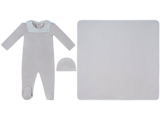 Classic Bib Footie, Hat & Blanket Set - Stone