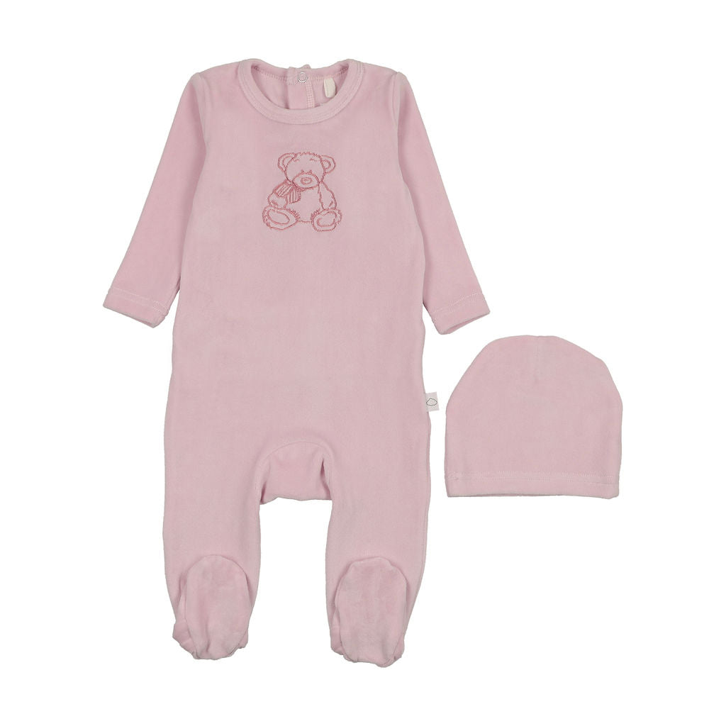 Velour Bear Footie - Pink