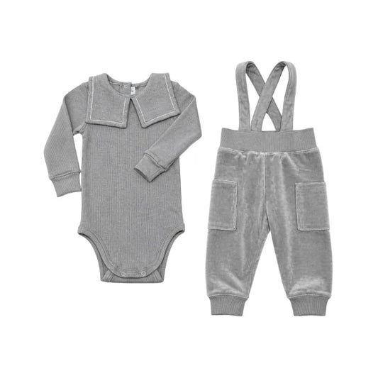Embroidered collar velour overall set - Grey