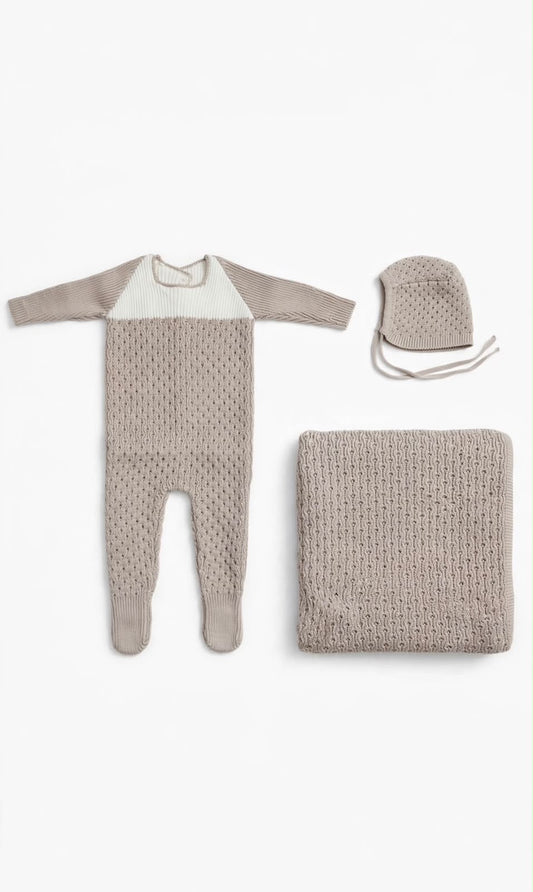 Knit footie bonnet blanket set DO20- Ice/ivory