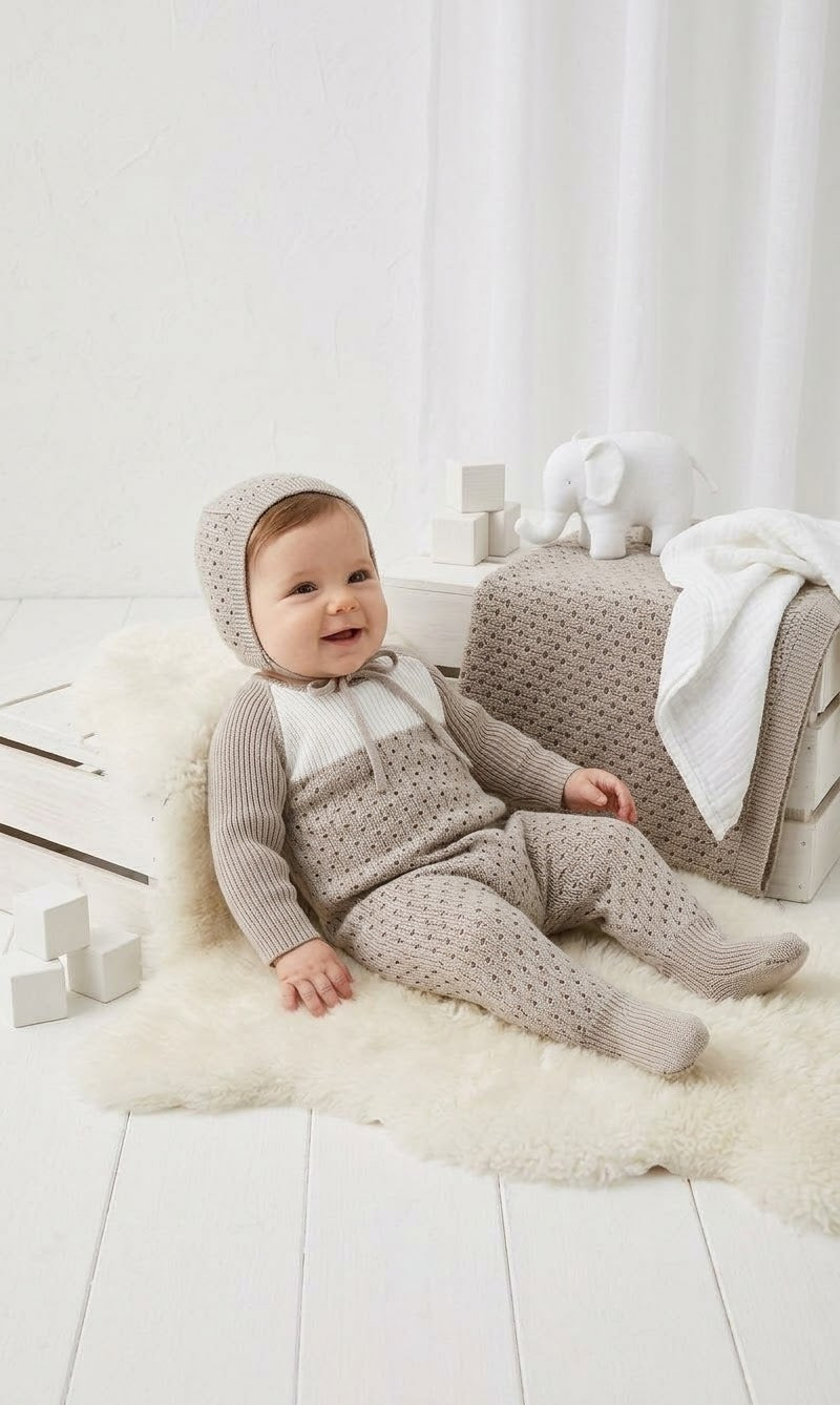 Knit footie bonnet blanket set DO20- Ice/ivory