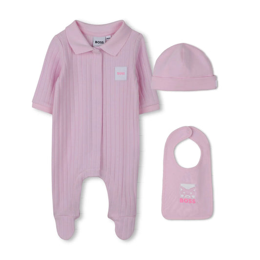 Hugo Boss Girls Footie Hat and Bib In Gift Box J53060