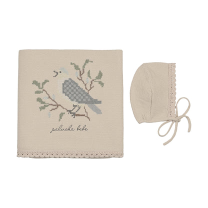 Peluche Birds Cross Stitch Knit Blanket & Bonnet