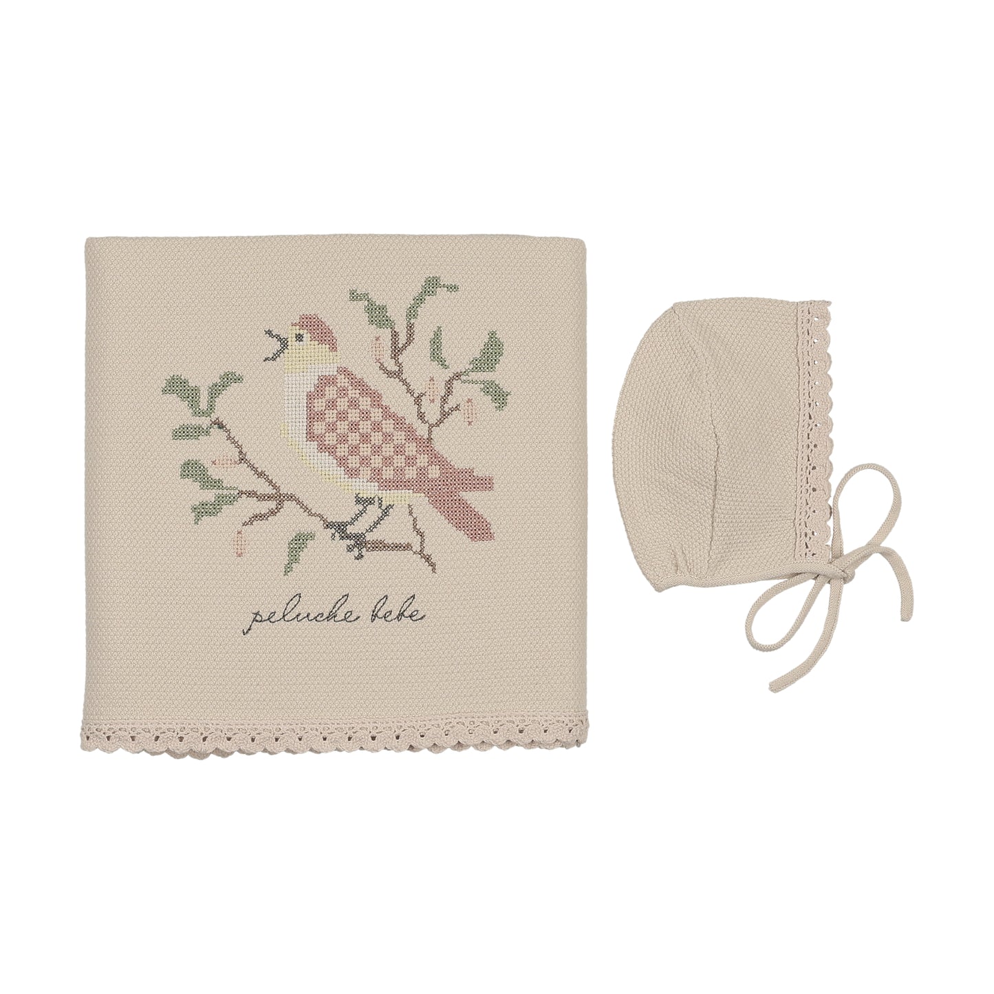 Peluche Birds Cross Stitch Knit Blanket & Bonnet