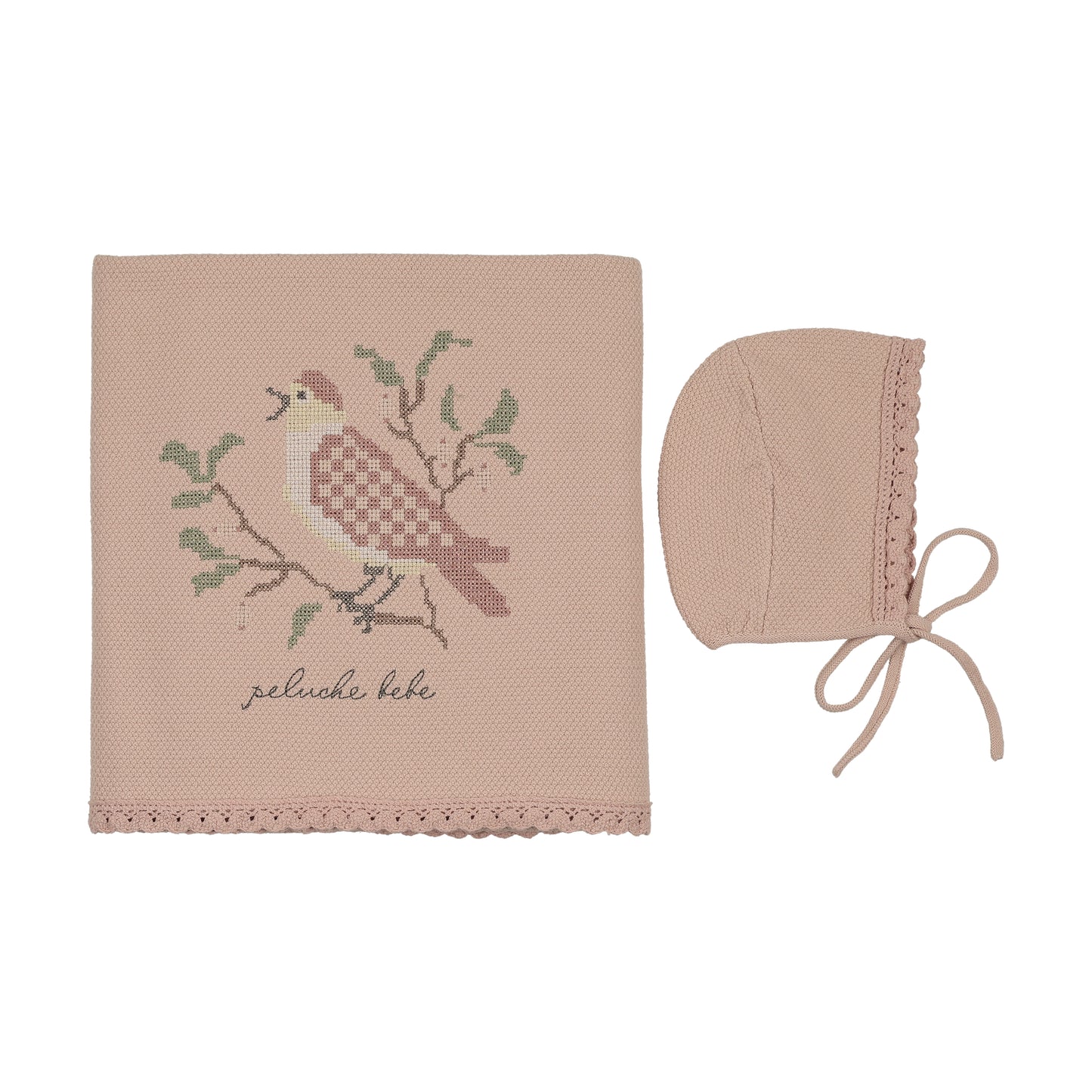 Peluche Birds Cross Stitch Knit Blanket & Bonnet