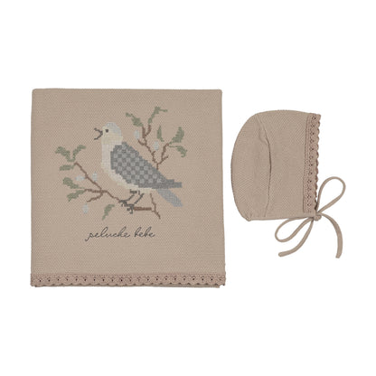 Peluche Birds Cross Stitch Knit Blanket & Bonnet