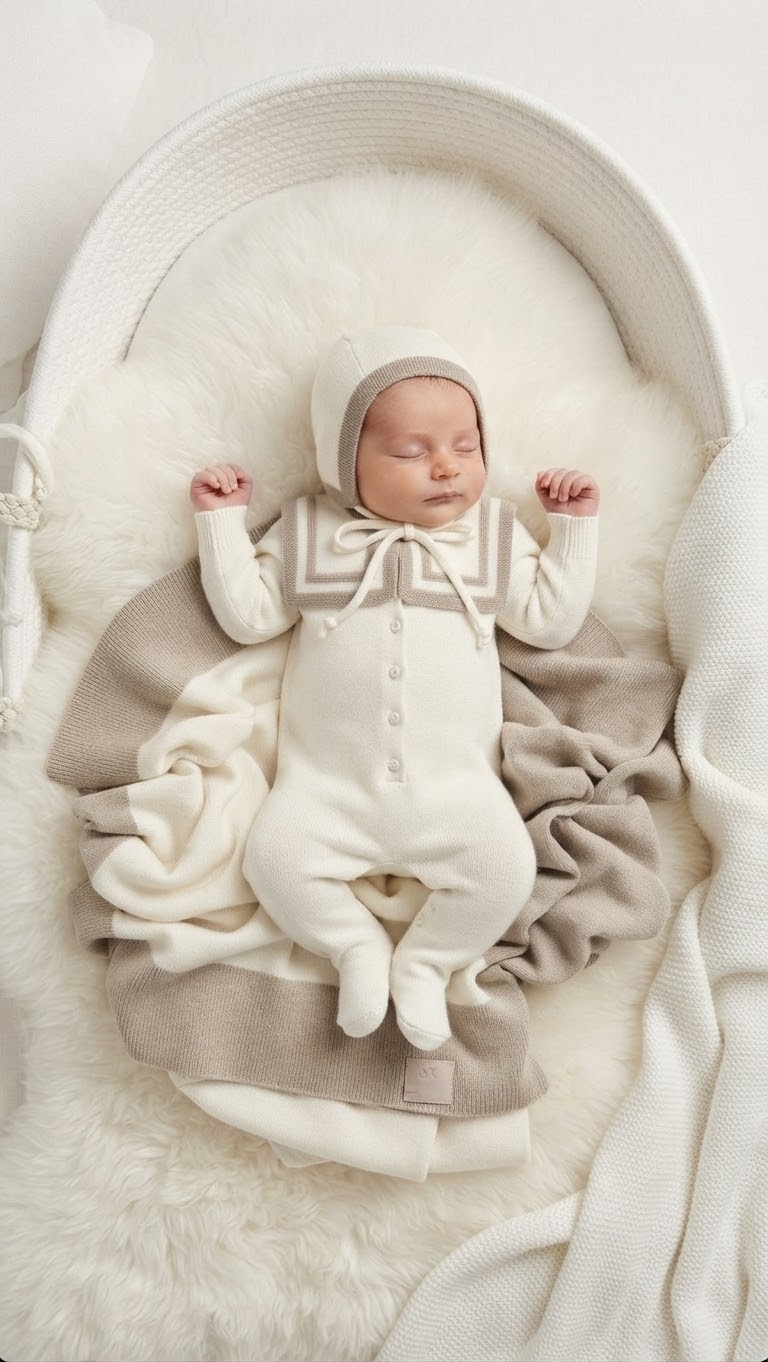 knit onepiece hat blanket set DO2- Ivory