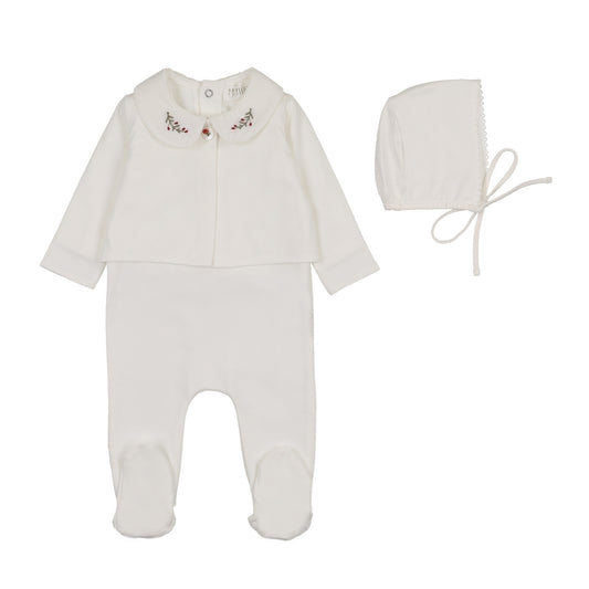 Peluche Footie/Cardi Set with Emb Collar