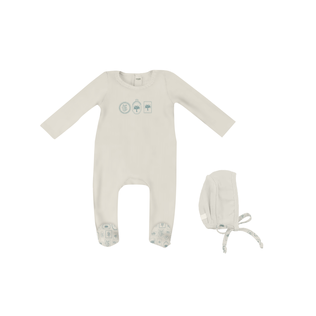 Milk Keepsake Embroidery Footie w Round Bonnet