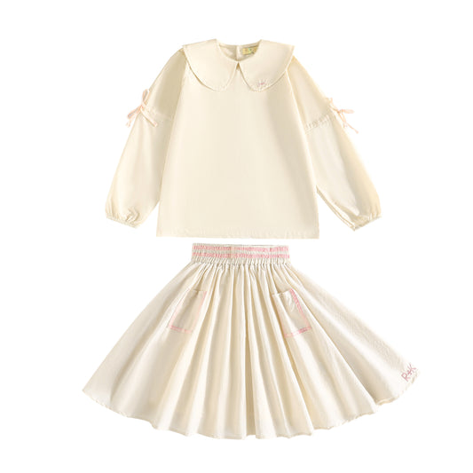 RetroKid Halston Gathered Ribbon Sleeve Collar Blouse & Smocked Skirt Set