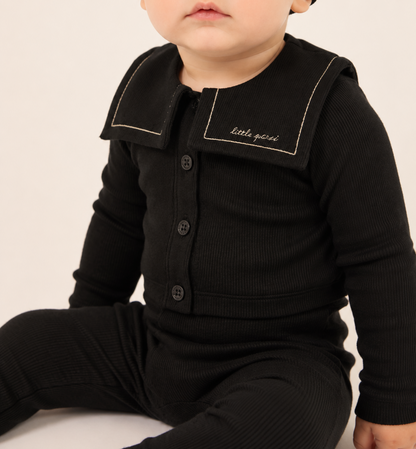 Embroidered Collar Cardigan Set - Black