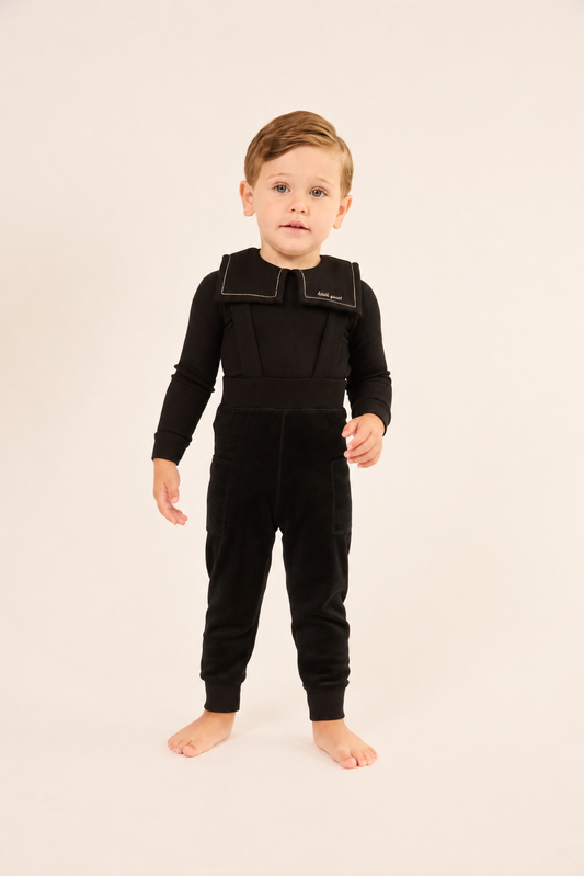 Embroidered Collar Velour Overall Set - Black