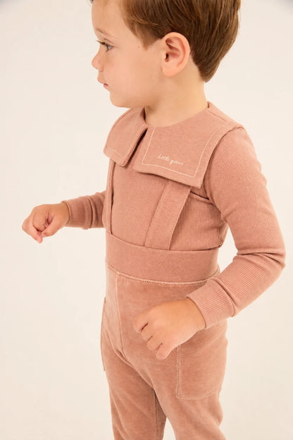 Embroidered Collar Velour Overall Set - Pink
