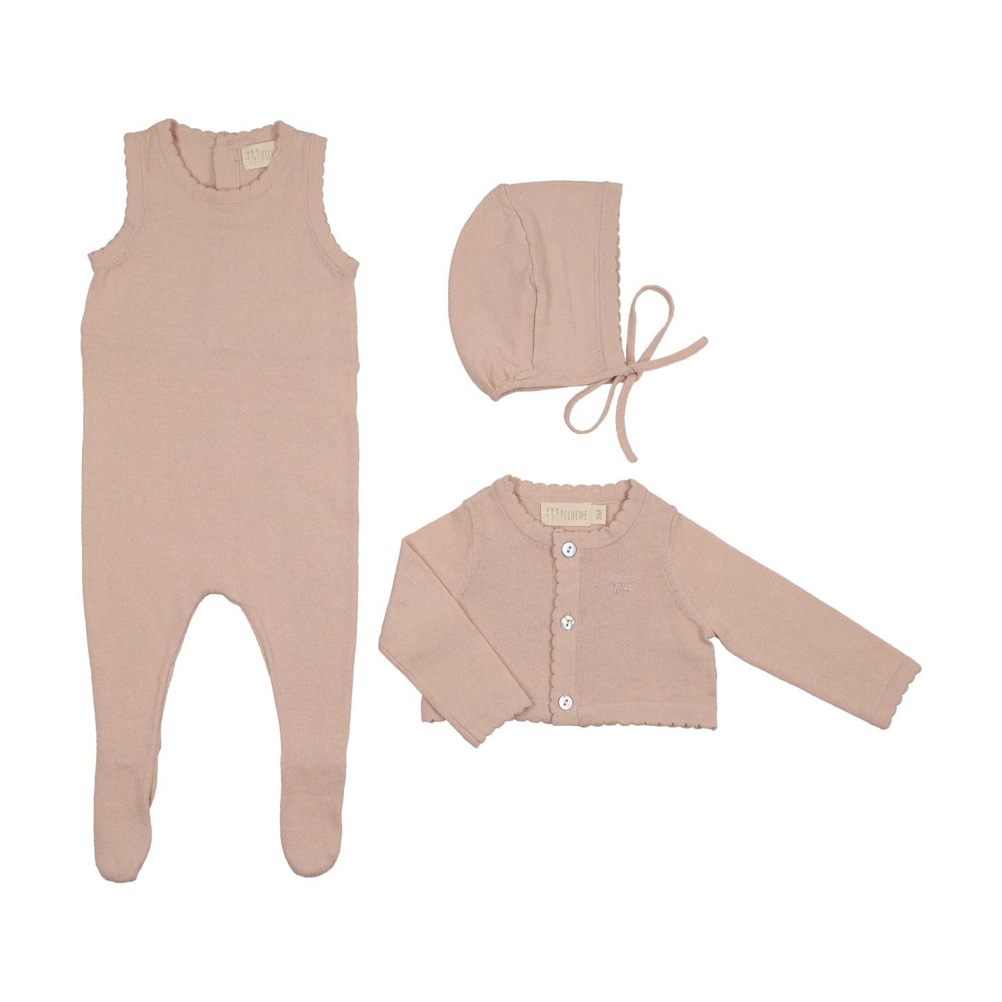 Peluche Knit Jumpsuit/Cropped Cardigan/ Bonnet Set