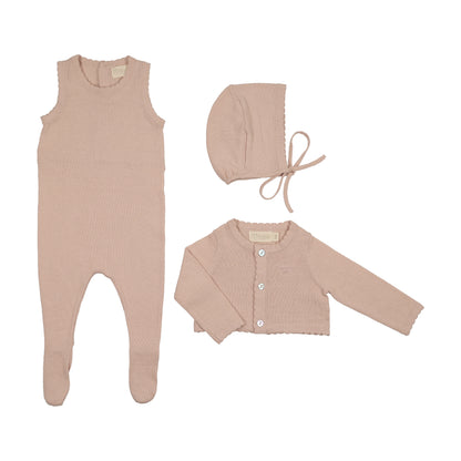 Peluche Knit Jumpsuit/Cropped Cardigan/ Bonnet Set