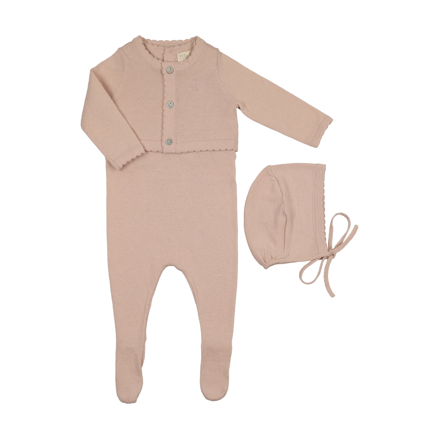Peluche Knit Jumpsuit/Cropped Cardigan/ Bonnet Set