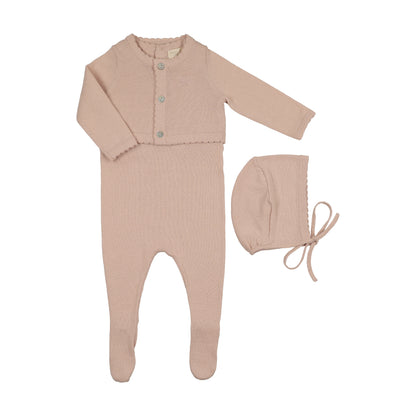 Peluche Knit Jumpsuit/Cropped Cardigan/ Bonnet Set