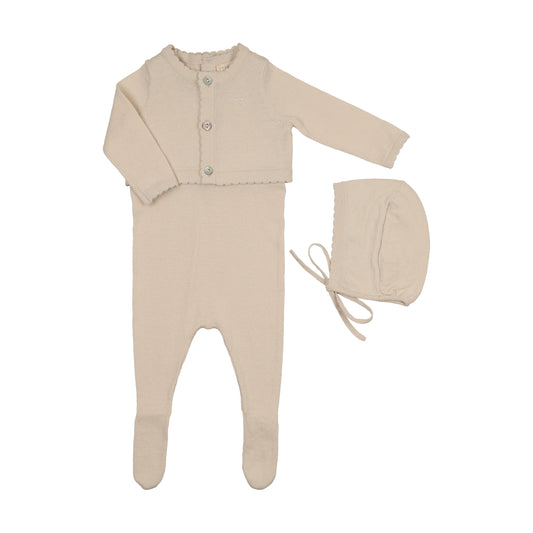 Peluche Knit Jumpsuit/Cropped Cardigan/ Bonnet Set