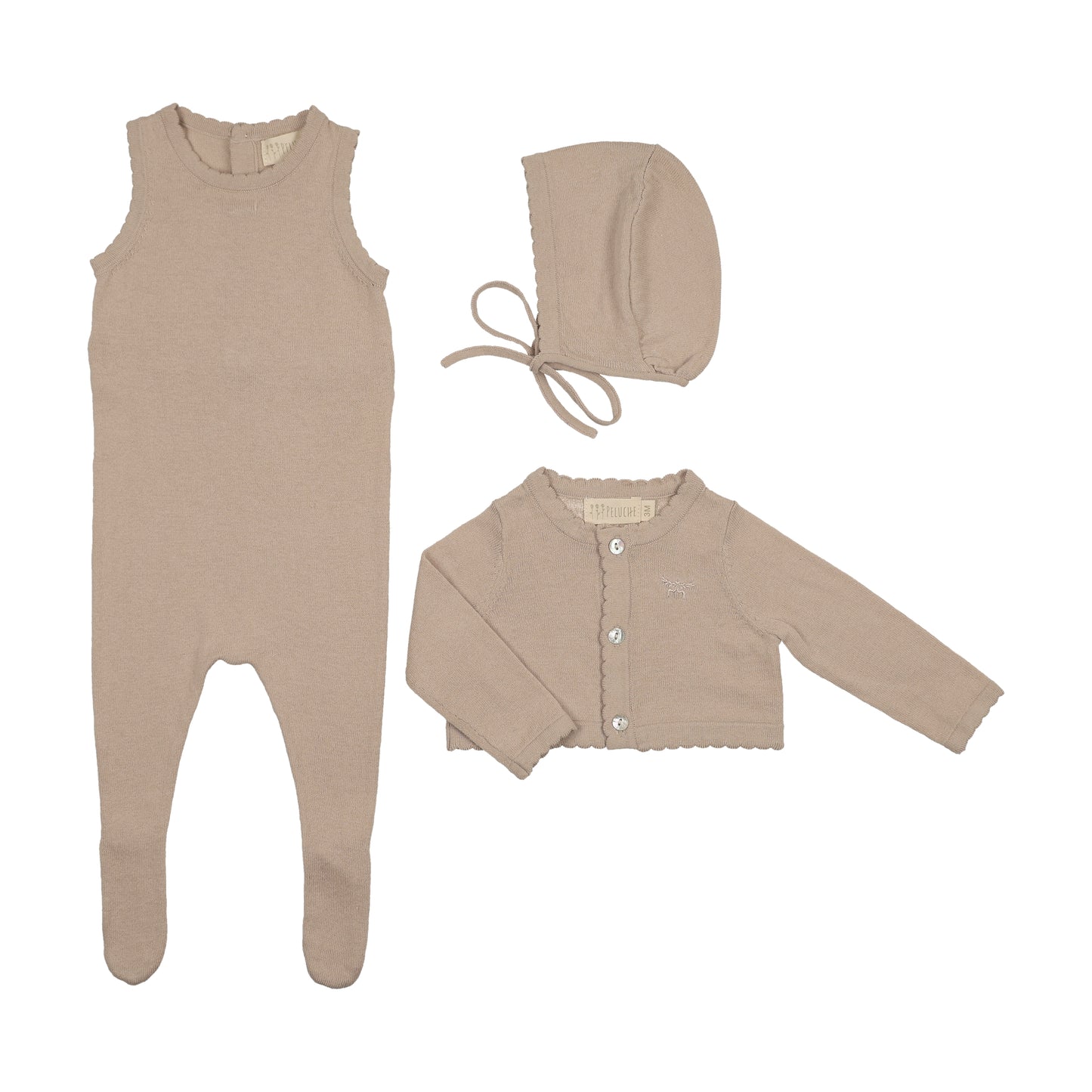 Peluche Knit Jumpsuit/Cropped Cardigan/ Bonnet Set