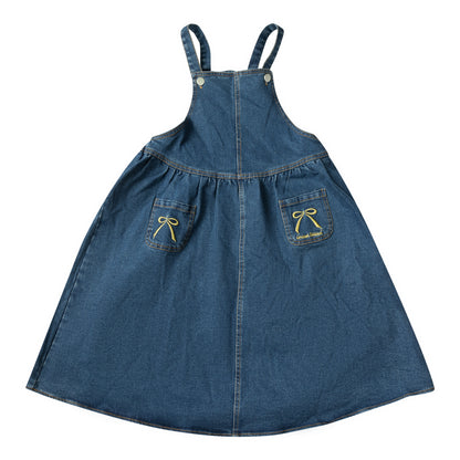 Embroidered Bow Pinafore Jumper-Denim
