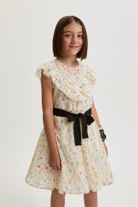 Philosophy Floral Print Dress W Ruffles & Tie Belt I1G908