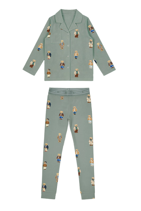 Teddy Pattern Lounge Grandpa Set - Jade