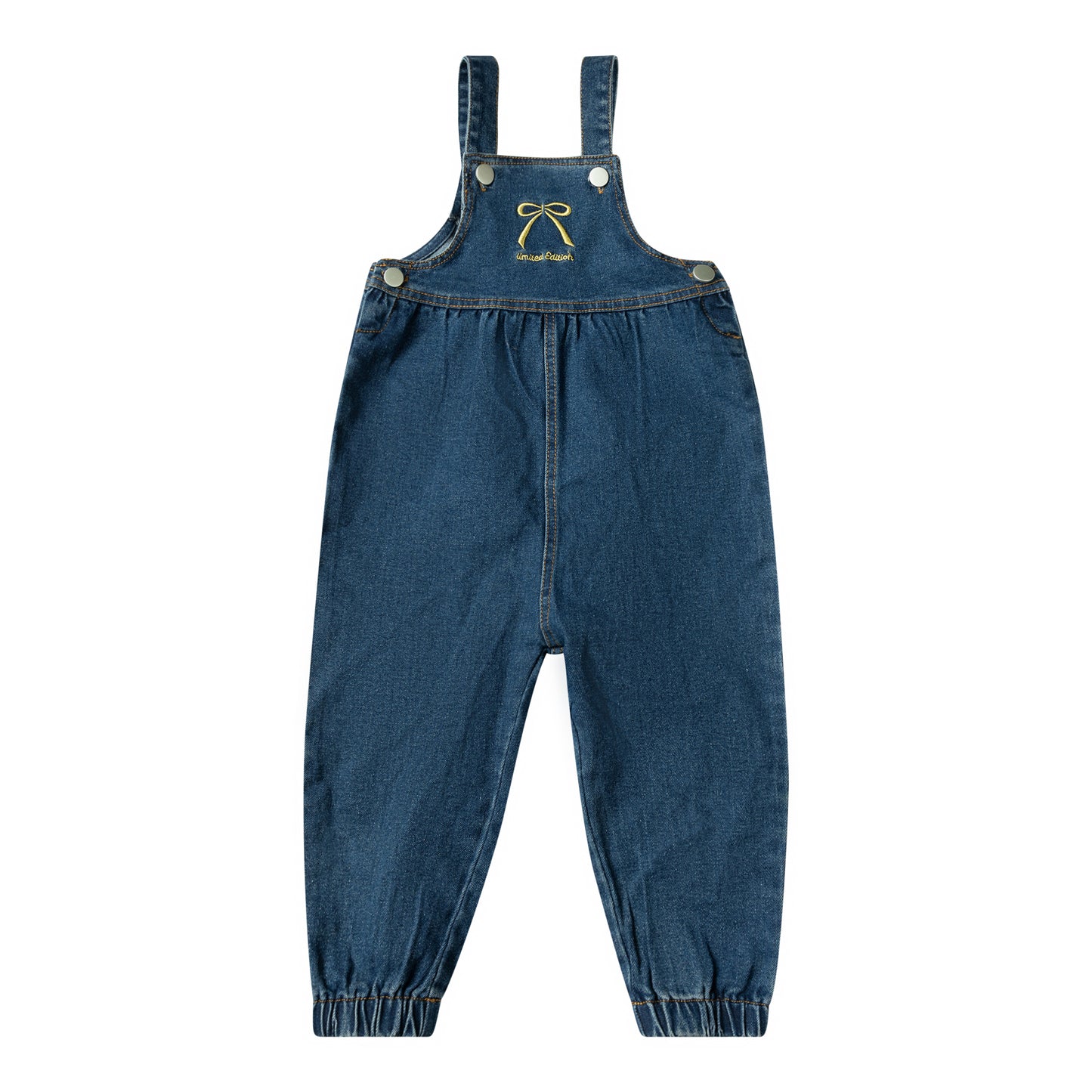 Embroidered Bow Overalls-Denim