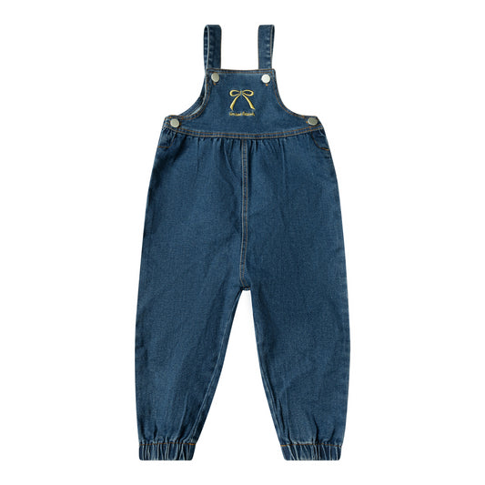 Embroidered Bow Overalls-Denim
