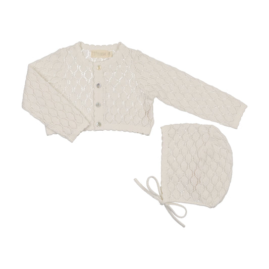 Peluche Pointelle Cropped Cardigan and Bonnet Set