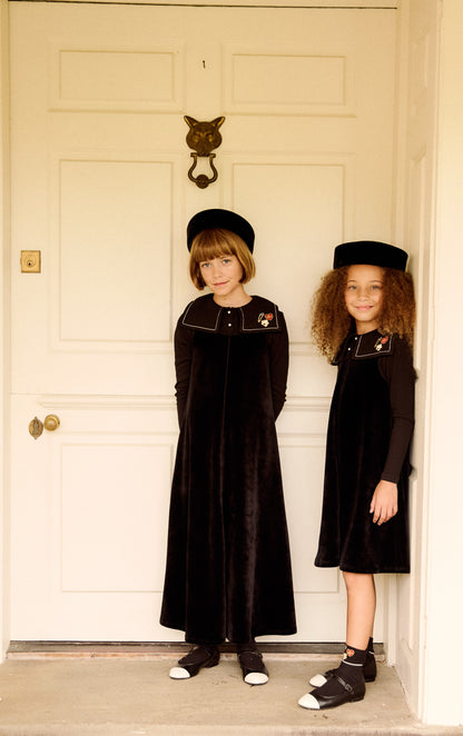 Embroidered Collar Velour Maxi - Black