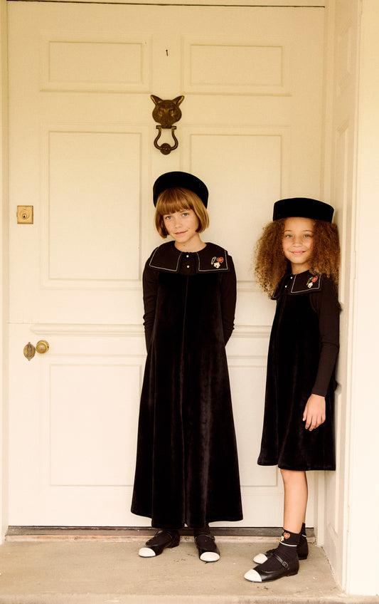 Embroidered Collar Velour Maxi - Black