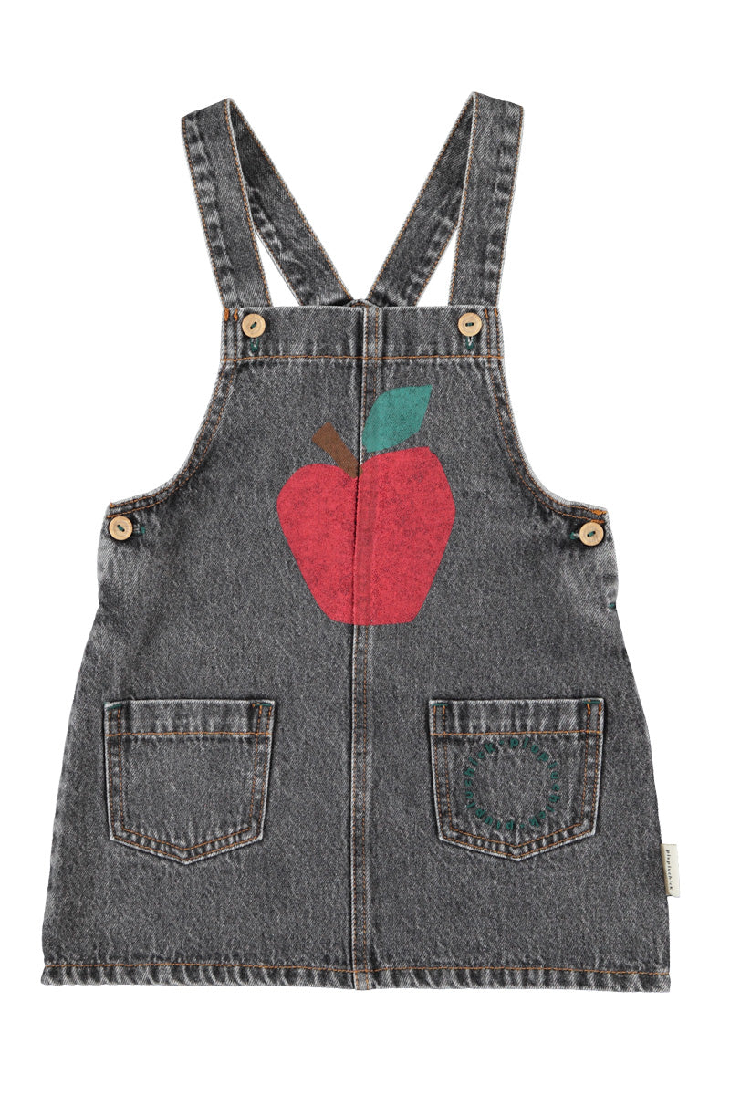 Short Dress With Straps (MN2615) - Washed Black Denim W/ Apple Print