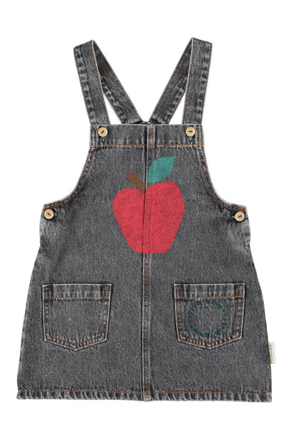 Short Dress With Straps (MN2615) - Washed Black Denim W/ Apple Print