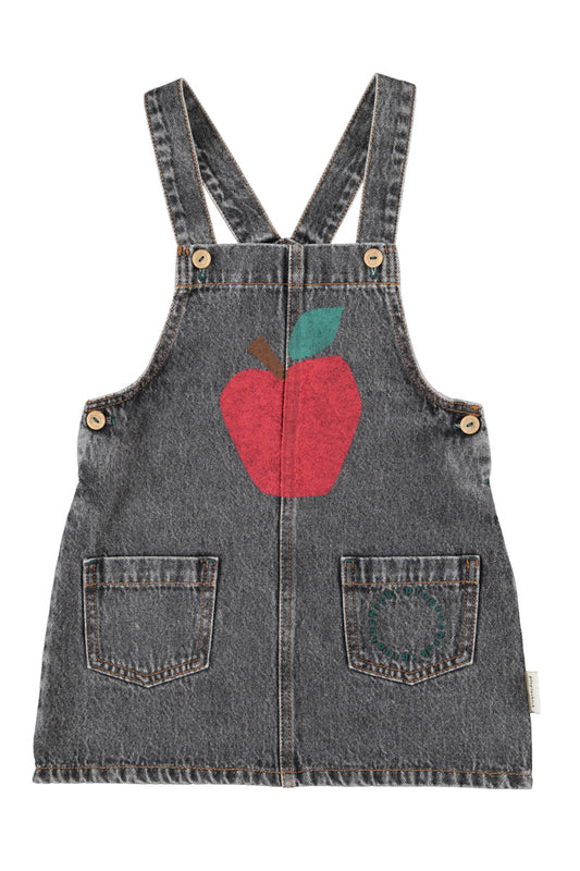 Knee Length Dress W/ Straps (MN2615) - Washed Black Denim W/ Apple Print