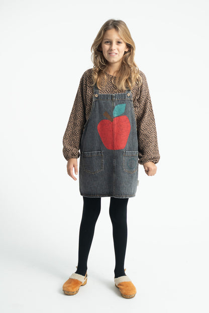 Short Dress With Straps (MN2615) - Washed Black Denim W/ Apple Print